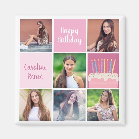 ピンクフォトコラージュカスタム女子バースデーパーティー マグネット (正面)