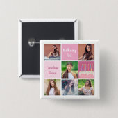 ピンクフォトコラージュカスタム女子バースデーパーティー 缶バッジ (正面&裏面)