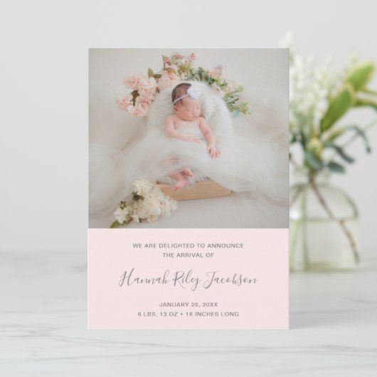 ピンクフォトコラージュ生まれたばかりのガール誕生 案内状 (スタンド正面)