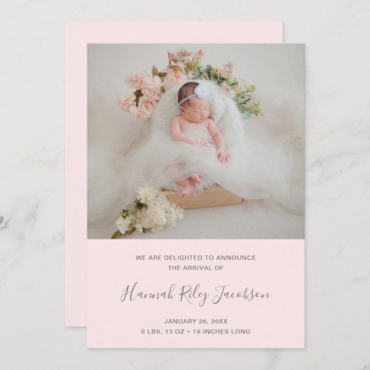 ピンクフォトコラージュ生まれたばかりのガール誕生 案内状 (正面/裏面)