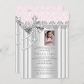 ピンクフォトファースト聖餐式レースクロス 招待状 (正面/裏面)