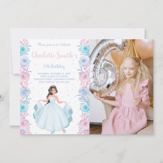 ピンクフォトフローラプリンセス誕生日招待状 招待状 (正面)