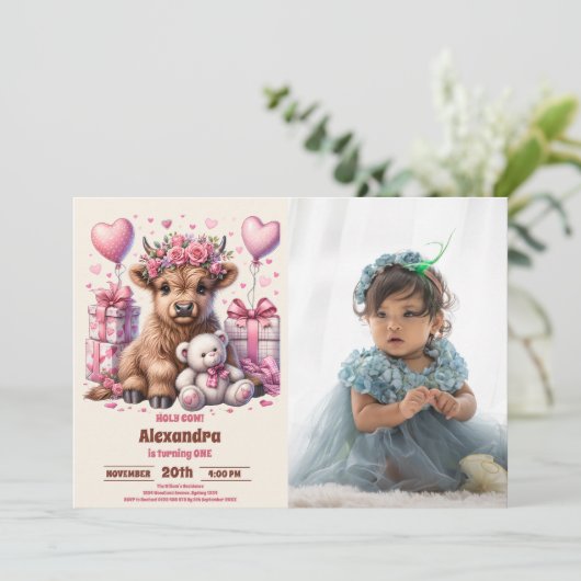 ピンクフォトホーリーカウハイランド第1回誕生日 招待状 (スタンド正面)