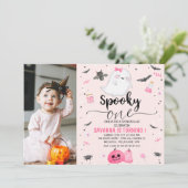 ピンクフォト不気味幽霊ワンハロウィーン1歳 招待状 (スタンド正面)