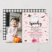 ピンクフォト不気味幽霊ワンハロウィーン1歳 招待状 (正面/裏面)