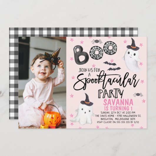 ピンクフォト幽霊スプクトカキュラーハロウィーン誕生日 招待状 (正面/裏面)