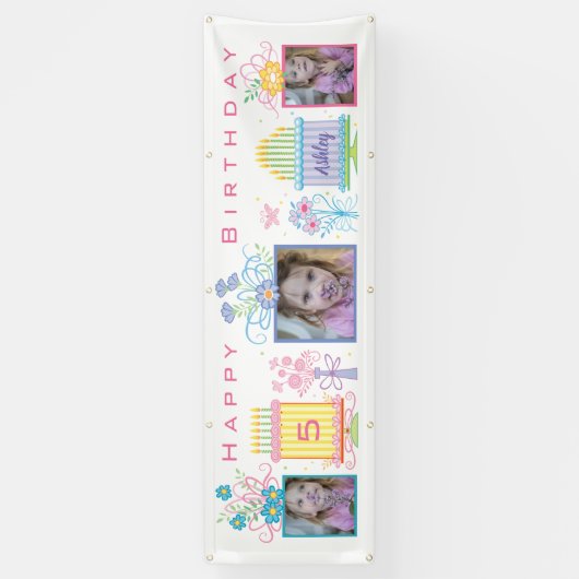 ピンクフォト誕生日バナー 横断幕 (縦)