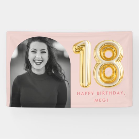 ピンクフォト18誕生日金ゴールドバルーン 横断幕 (横)