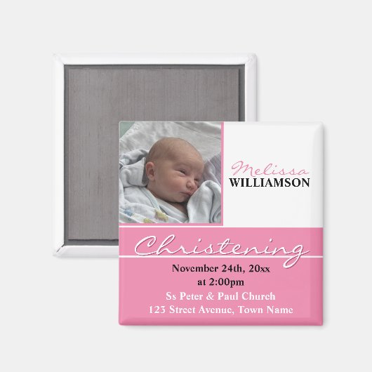 ピンクフォト《キリスト教》洗礼式や命名式またはバプテスマ招待状 マグネット (正面/裏面)