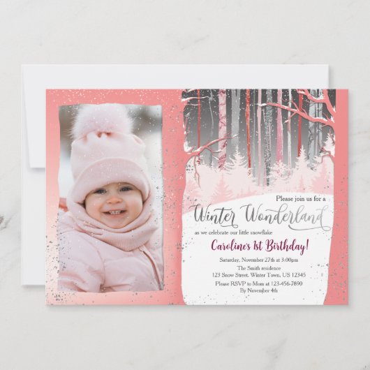 ピンクフォレスト冬ワンダーランドガールズ1st誕生日 招待状 (正面)