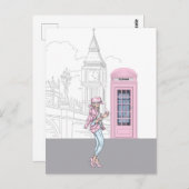 ピンクフォンボックス付きロンドンシティガール ポストカード (正面/裏面)