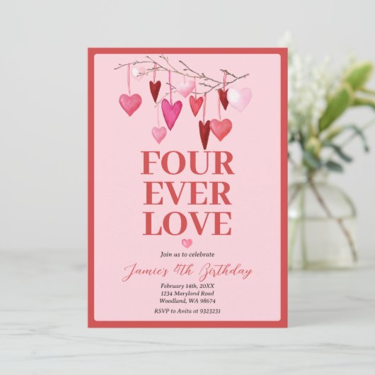 ピンクフォーエバー愛されたバレンタイン誕生日バルーン 招待状 (スタンド正面)