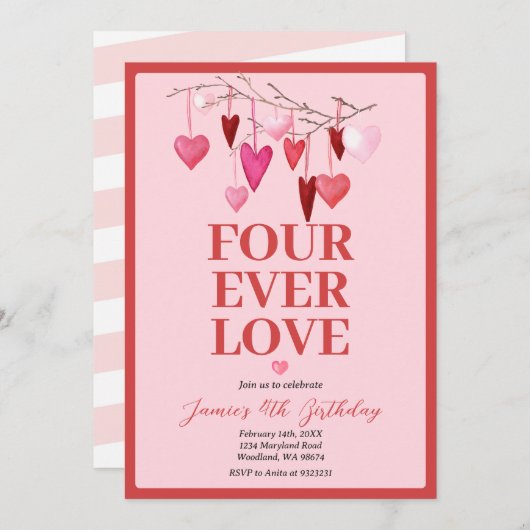 ピンクフォーエバー愛されたバレンタイン誕生日バルーン 招待状 (正面/裏面)