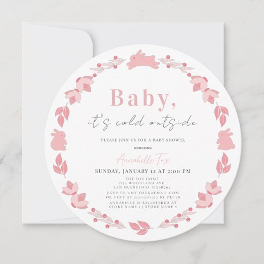 ピンクフォークアートベビーベビーシャワー外は寒い 招待状 (正面)