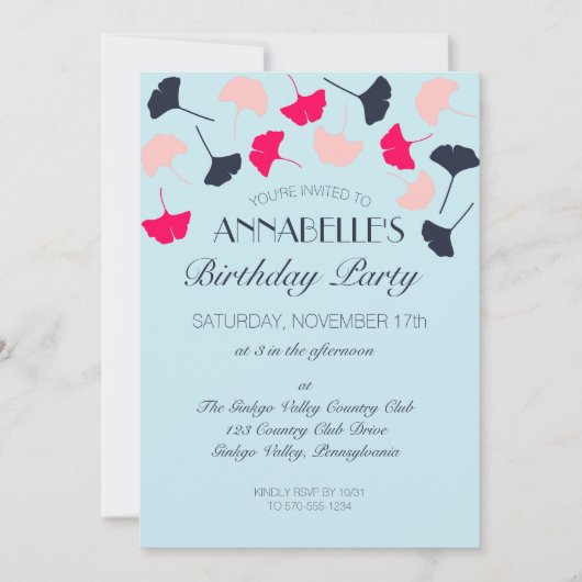 ピンクフォーマルとブルーの銀杏葉生誕祭会 招待状 (正面)