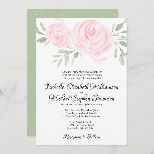 ピンクフォーマルの水カラーフローラ結婚式招待状 招待状 (正面/裏面)