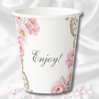 ピンクフォーラルピーニーヴィンテージブライダルシャワー 紙コップ