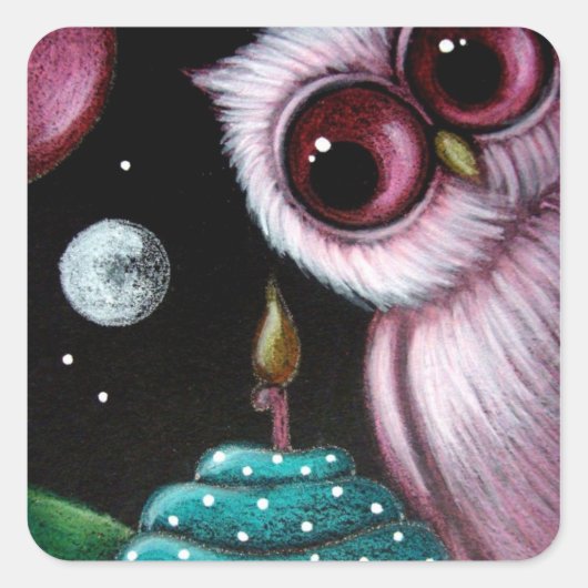 ピンクフクロウあなたの誕生日カップケーキステッカー スクエアシール (正面)