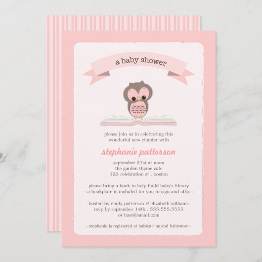 ピンクフクロウが本を持って来るベビーシャワー招待状 招待状 (正面/裏面)