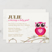 ピンクフクロウと花開く少女ベビーシャワー招待状 招待状 (正面/裏面)