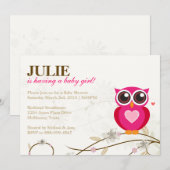 ピンクフクロウと花飾りの女の子ベビーシャワー招待状 招待状 (正面/裏面)