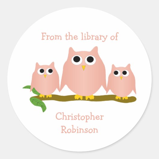ピンクフクロウのデザイン蔵書票 ラウンドシール (正面)