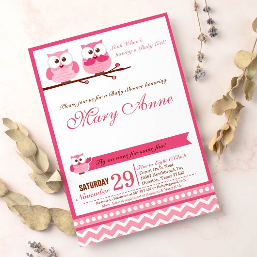 ピンクフクロウのベビーシャワー招待状 招待状