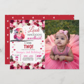 ピンクフクロウのラブリーなバレンタイン・誕生日写真 招待状 (正面/裏面)