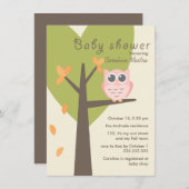 ピンクフクロウの木の枝の葉秋のベビーシャワー 招待状 (正面/裏面)