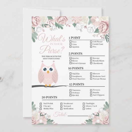 ピンクフクロウフローラあなたの財布ゲームカードに何が 招待状 (正面)