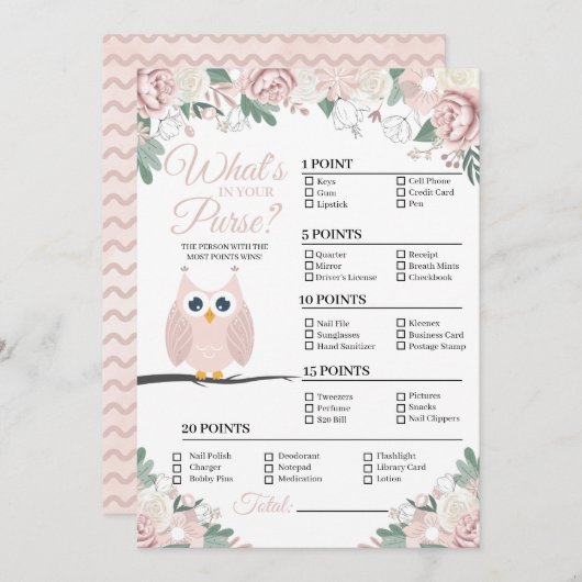 ピンクフクロウフローラあなたの財布ゲームカードに何が 招待状 (正面/裏面)