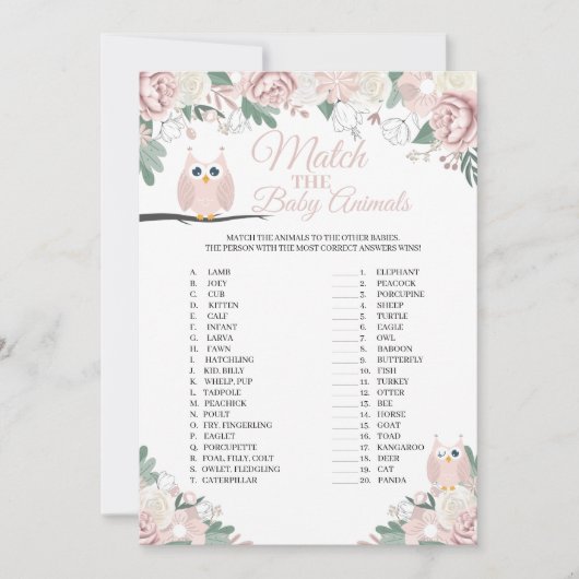 ピンクフクロウフローラと動物の赤ちゃんゲームカード 招待状 (正面)