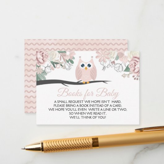 ピンクフクロウフローラベビーシャワーブックスベビー エンクロージャーカード (正面/裏面インサイチュ)