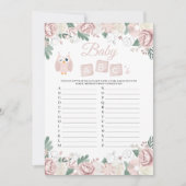 ピンクフクロウフローラベビーシャワーベビーABCのゲームカード 招待状 (正面)