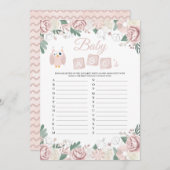 ピンクフクロウフローラベビーシャワーベビーABCのゲームカード 招待状 (正面/裏面)