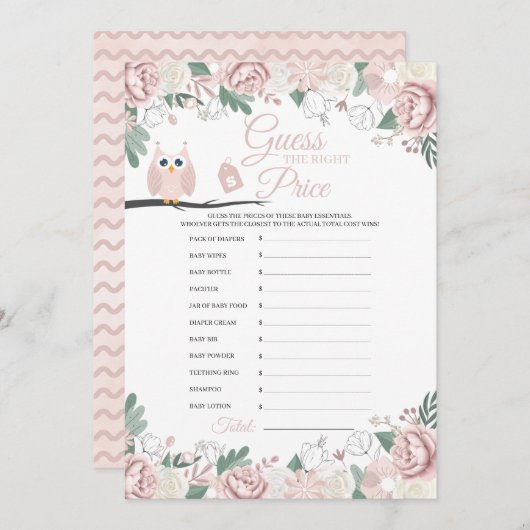 ピンクフクロウフローラベビーシャワー価格ゲームカード 招待状 (正面/裏面)