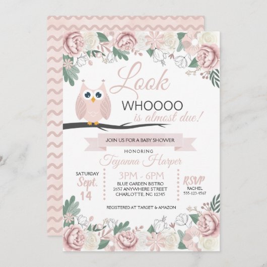 ピンクフクロウフローラベビーシャワー招待状 招待状 (正面/裏面)