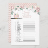 ピンクフクロウフローラベビー単語スクランブルゲームカード 招待状 (正面/裏面)