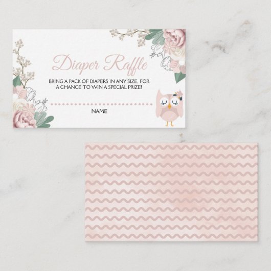 ピンクフクロウフローラ赤ちゃんシャワーおむつラッフル エンクロージャーカード (正面/裏面)