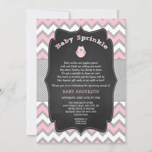 ピンクフクロウベビースプリンク、女の子のベビーシャワー 招待状 (正面)
