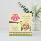 ピンクフクロウモダンウッドランド誕生日ガールパーティー 招待状 (スタンド正面)