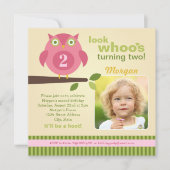 ピンクフクロウモダンウッドランド誕生日ガールパーティー 招待状 (正面)