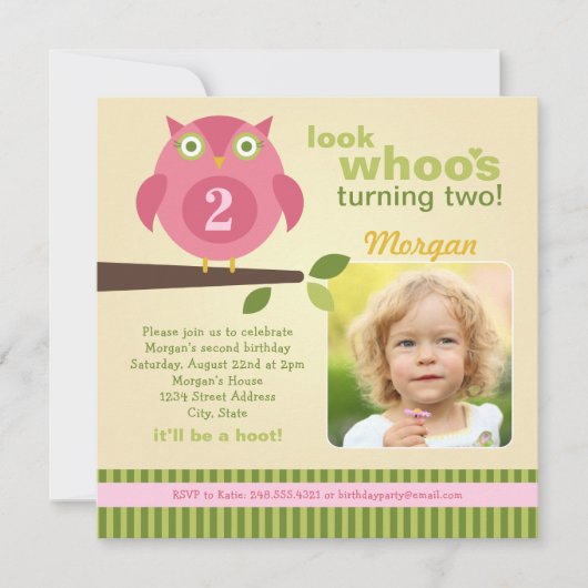 ピンクフクロウモダンウッドランド誕生日ガールパーティー 招待状 (正面)