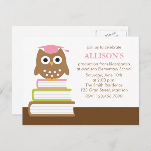 ピンクフクロウ幼稚園卒業 インビテーションポストカード (正面/裏面)