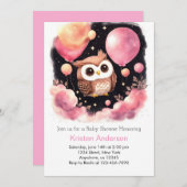 ピンクフクロウ森林アドベンチャーガールベビーシャワー 招待状 (正面/裏面)