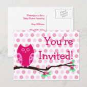 ピンクフクロウ葉書ベビーシャワー招待状 インビテーションポストカード (正面/裏面)