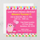 ピンクフクロウ誕生日招待状 招待状 (正面/裏面)