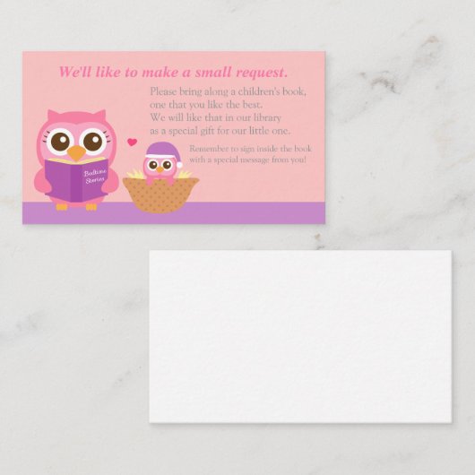 ピンクフクロウ赤ちゃんシャワーブック挿入リクエストカード エンクロージャーカード (正面/裏面)