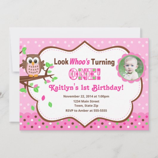 ピンクフクロウ1st誕生日招待状5 x 7フォトカード 招待状 (正面)