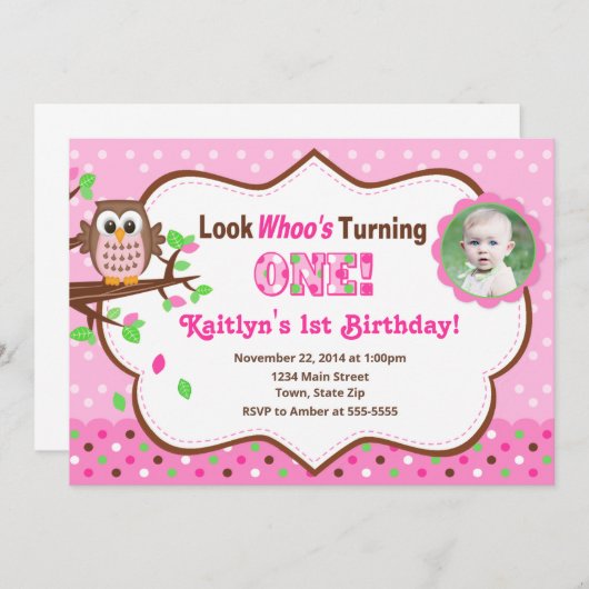 ピンクフクロウ1st誕生日招待状5 x 7フォトカード 招待状 (正面/裏面)